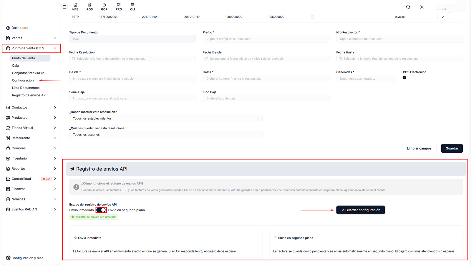 Activar el envío en segundo plano en la configuración del POS