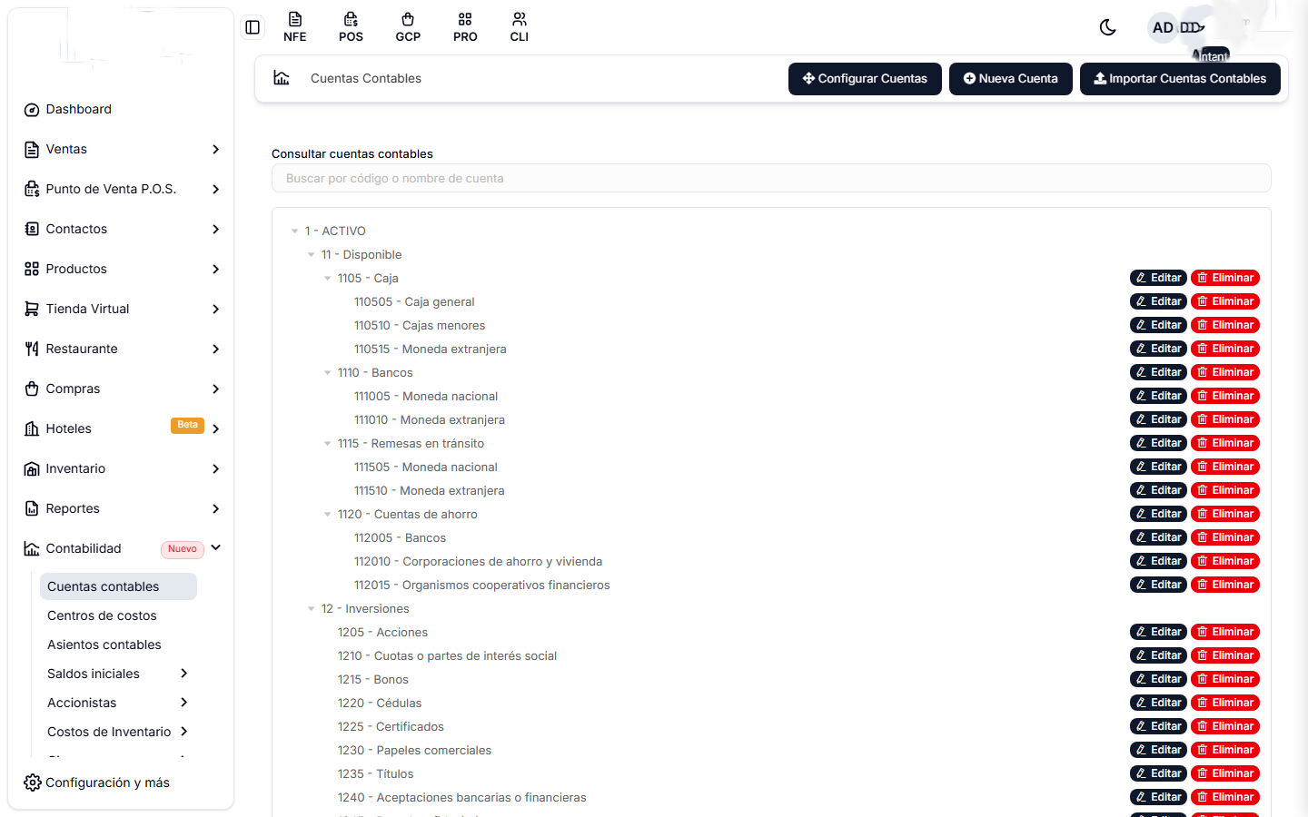 Pantalla de Cuentas contables, con el plan de cuentas y sus acciones