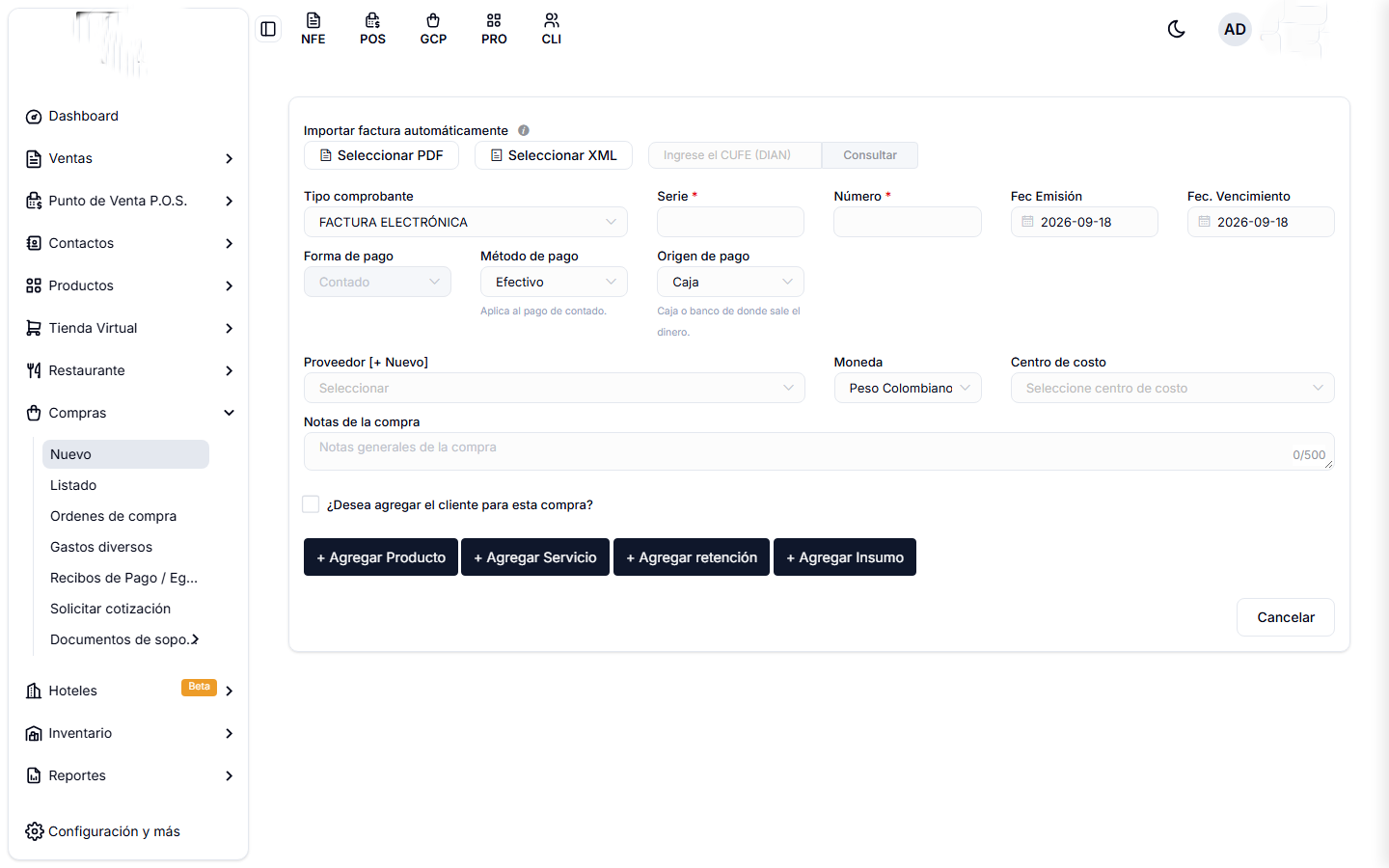 Formulario de nueva compra, con la importación automática por PDF, XML o CUFE en la parte de arriba