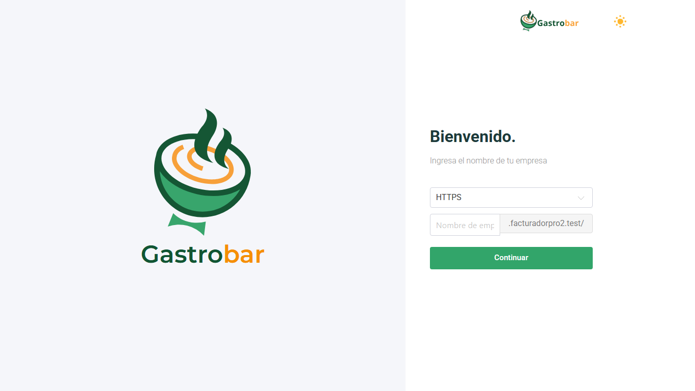 Pantalla de bienvenida con el selector de protocolo, el nombre de empresa y el botón Continuar