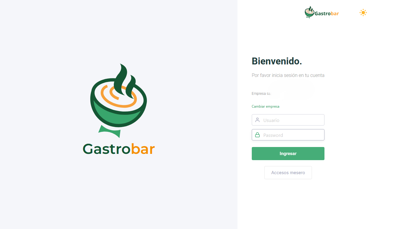 Pantalla de ingreso con la empresa configurada, los campos de usuario y contraseña, y el botón Accesos mesero