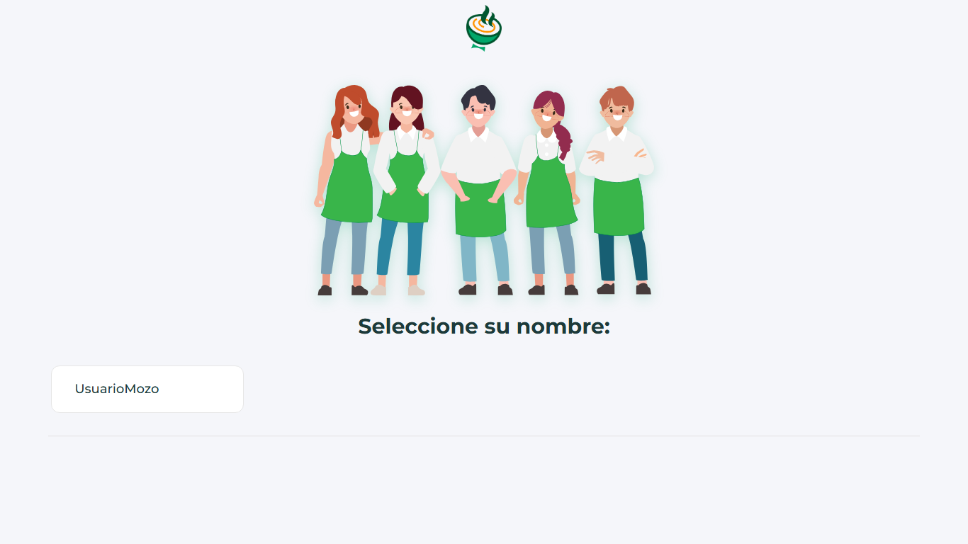 Pantalla Seleccione su nombre con las tarjetas de los meseros
