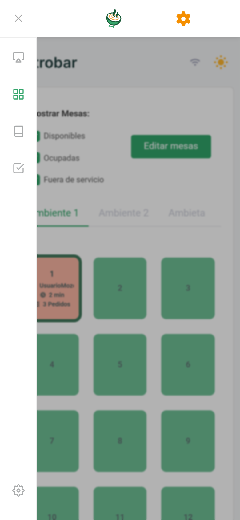 Barra lateral móvil con los iconos de POS, Mesas, Pedidos y Comanda