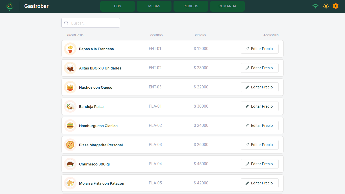 Pantalla Editar precios con la lista de productos, su código, precio y el botón Editar Precio