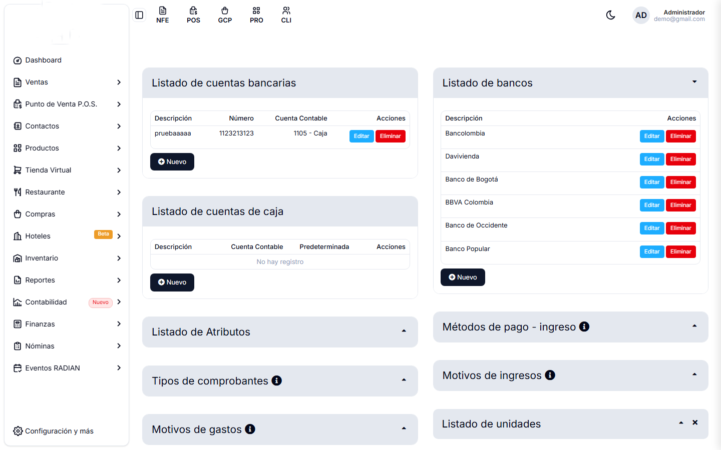 Pantalla de catálogos, con los bloques de cuentas bancarias, cuentas de caja y bancos