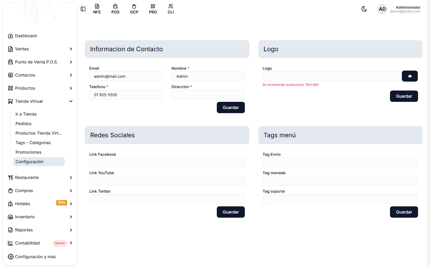 Configuración de la tienda virtual, con los cuatro bloques: contacto, logo, redes sociales y tags de menú