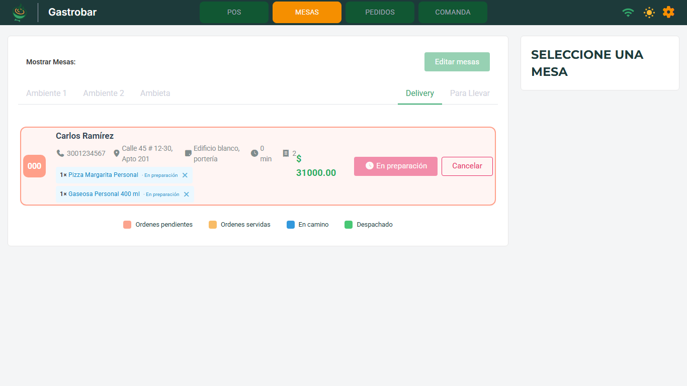 Pestaña Delivery con un pedido, sus datos de entrega, los productos y los botones de acción