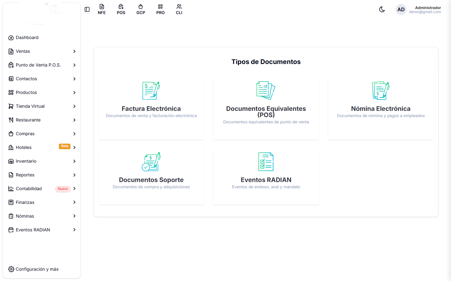 Pantalla de tipos de documento, con una tarjeta por cada ambiente configurable