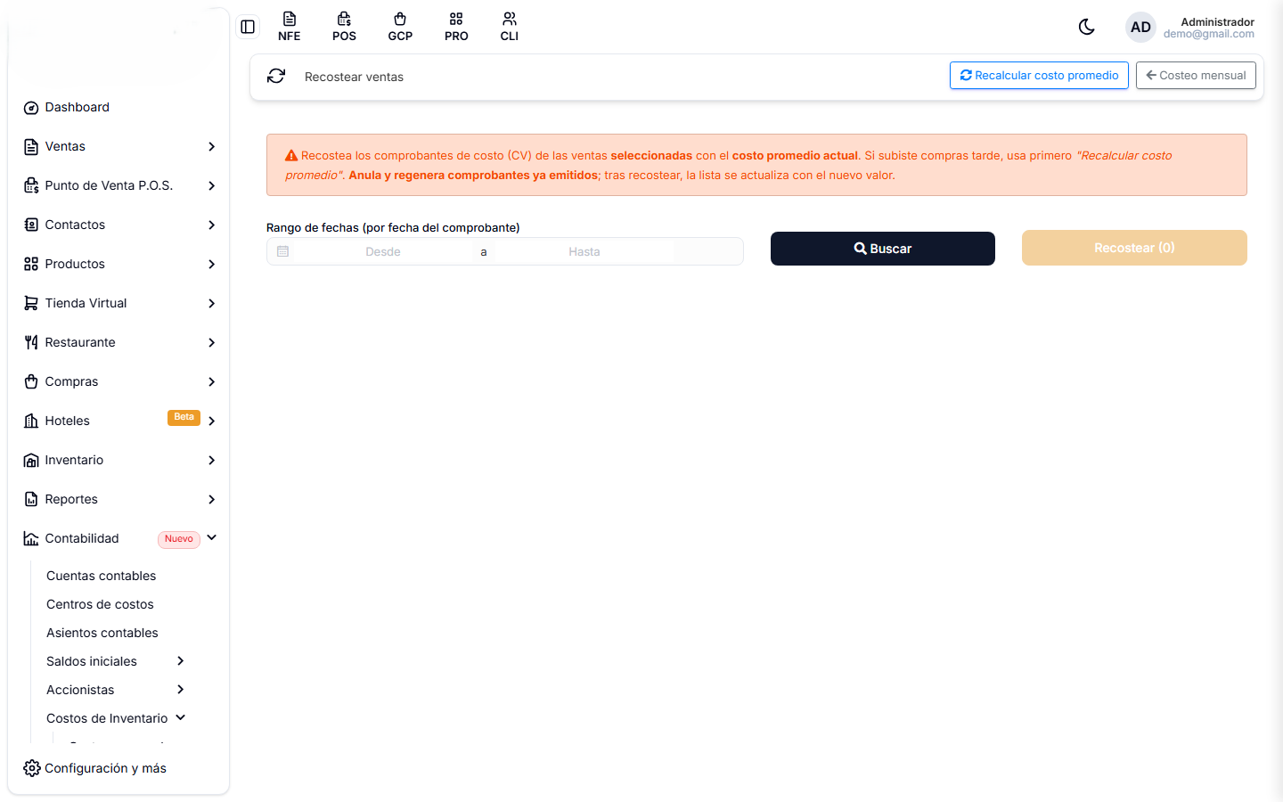 Pantalla de Recostear ventas