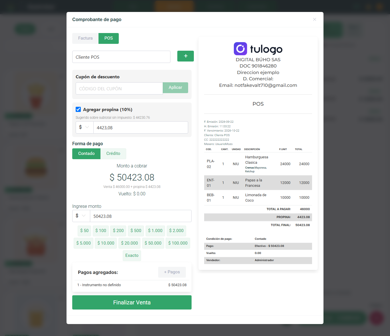 Ventana Comprobante de pago, con el tipo de comprobante, el cliente, el cupón, la propina, las denominaciones y la vista previa del ticket