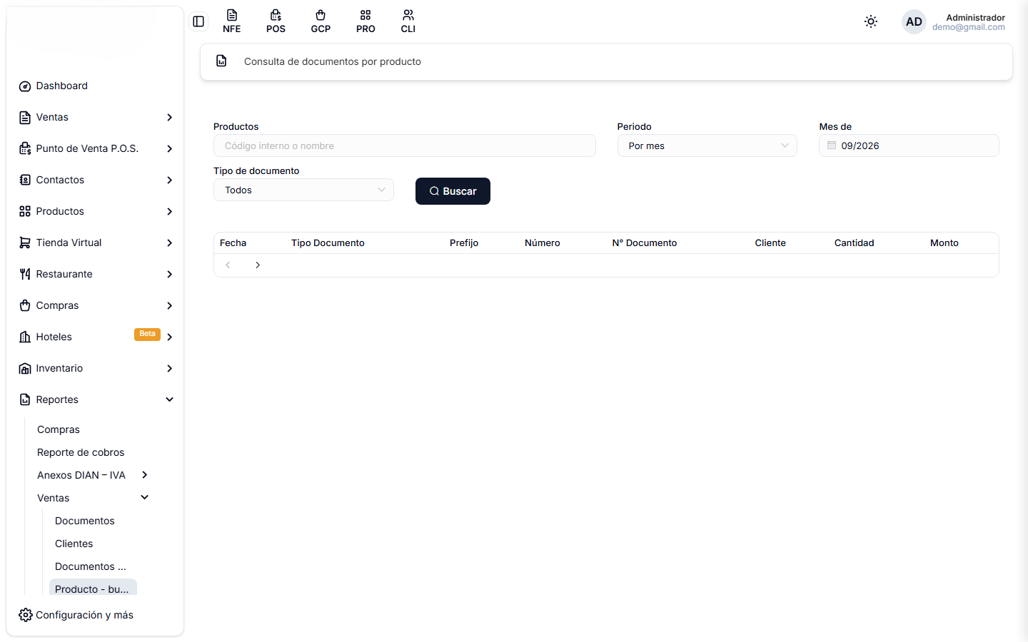 Consulta de documentos por producto, con el campo de búsqueda del producto arriba