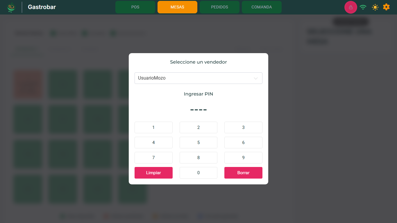 Pantalla de bloqueo con el selector de vendedor, el visor del PIN y el teclado numérico
