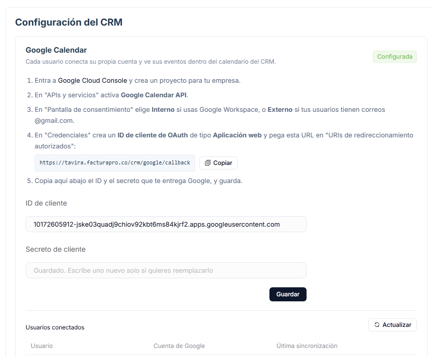 Pantalla de Configuración del CRM con los pasos de Google, la URL que hay que copiar y la tabla de usuarios conectados