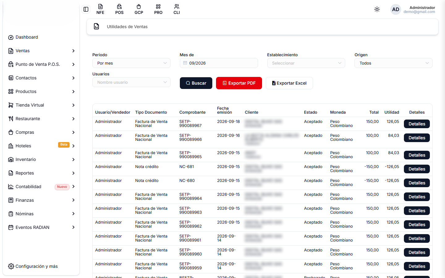 Utilidades de Ventas, con la columna Total y la columna Utilidad de cada documento