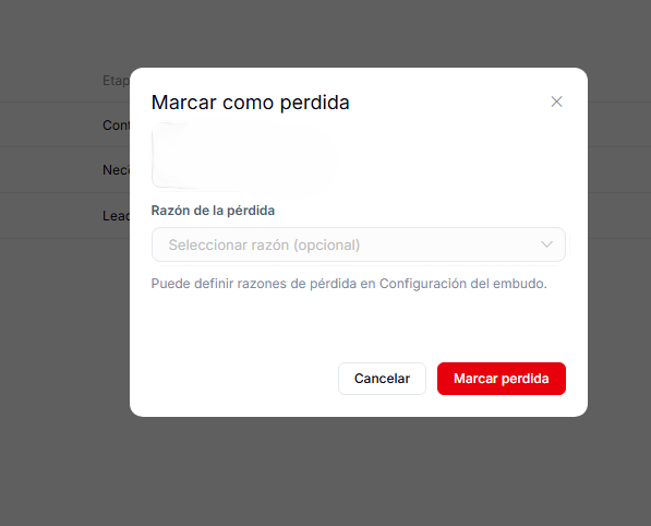 Ventana Marcar como perdida, donde se elige la razón por la que se perdió el negocio