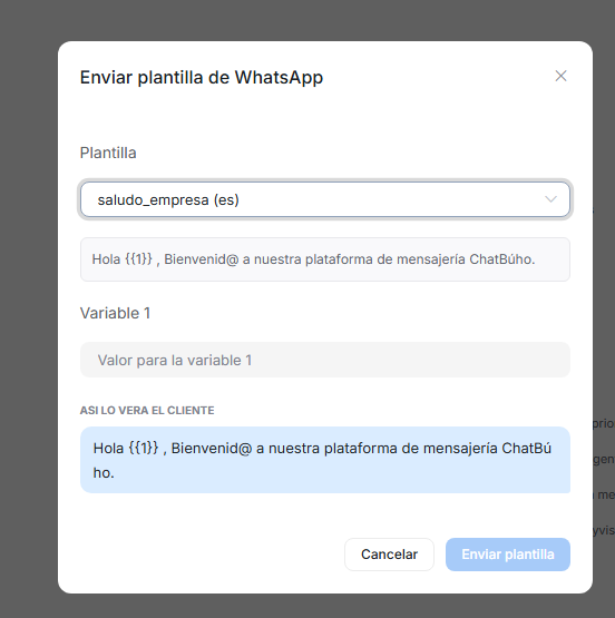 Ventana Enviar plantilla de WhatsApp, con la plantilla elegida, sus variables y la vista previa de cómo lo verá el cliente