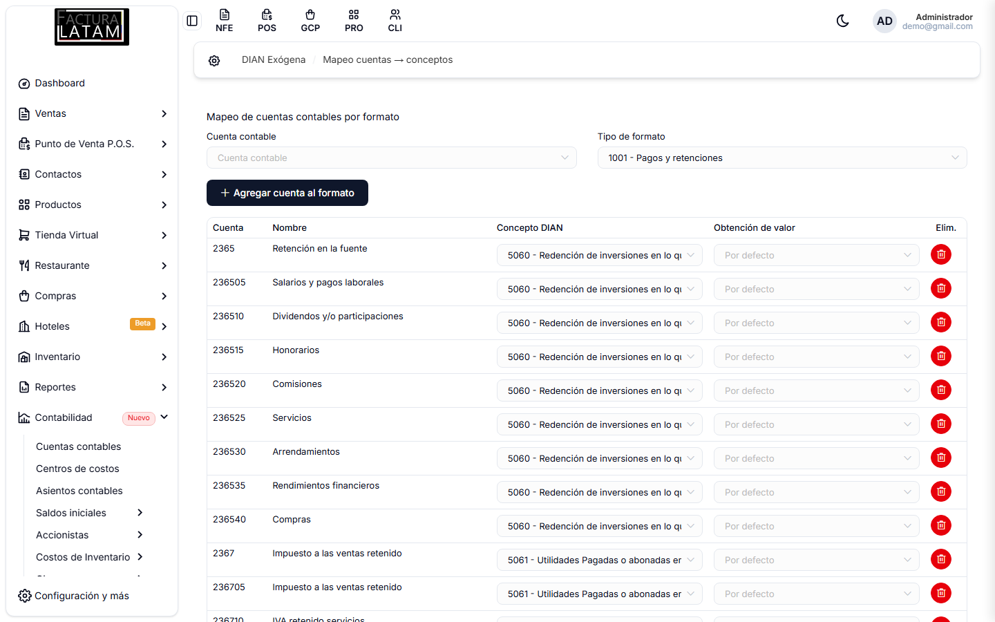 Pantalla de Mapeo de cuentas para exógena