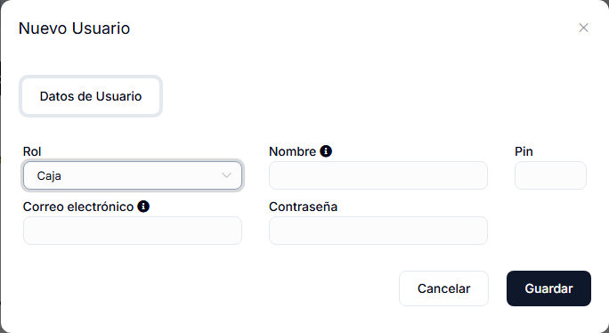 Diálogo Nuevo Usuario con el rol Caja, que muestra también el correo y la contraseña