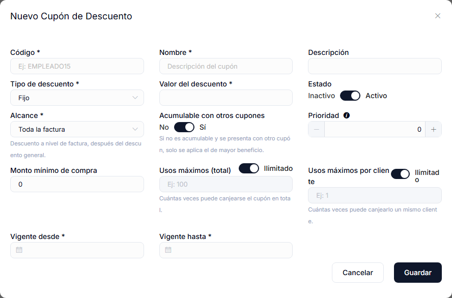 Formulario Nuevo Cupón de Descuento con código, tipo, valor, alcance, acumulable, montos, usos y vigencia