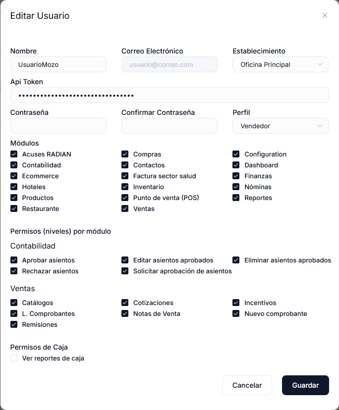 Sección Módulos del formulario de usuario, con Restaurante marcado
